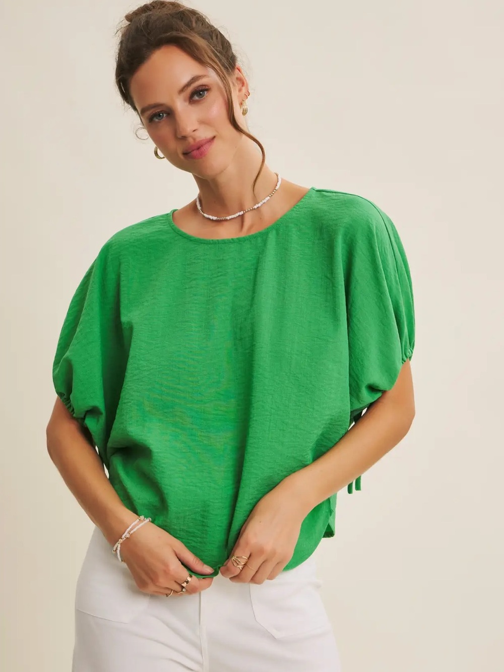 Vibrant Airy Crinkled Blouse with Ruched Dolman Sleeves Size Medium